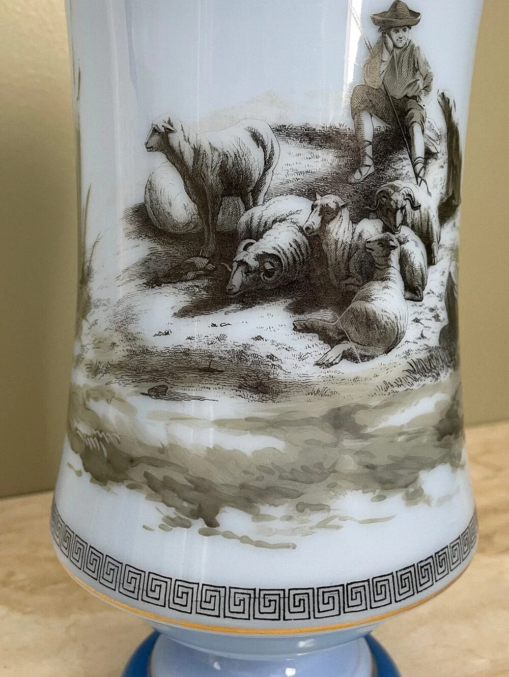 Vintage Blue Scenic Countryside Pedestal Vase | Traditional English Style
